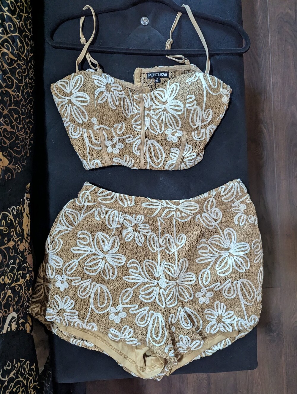 Fashion Nova Women's Tan Embroidered Crop Top & Shorts Set